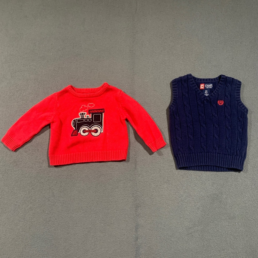 Boys OshKosh B'gosh Red Train Sweater & Chaps Navy Cable Knit Vest Set 18 Months